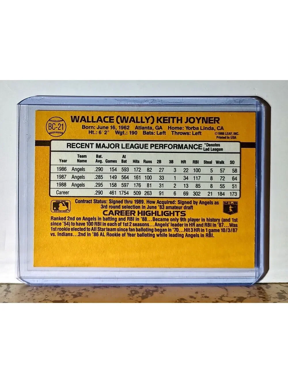 Wally Joyner 1989 Donruss MVP MLB #BC-21 Baseball Card California Angels